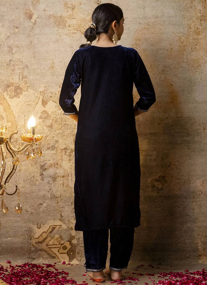 Velvet blue party wear embroidery work kurta set