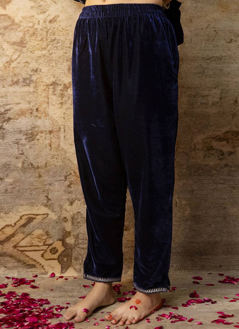 Velvet blue party wear embroidery work kurta set