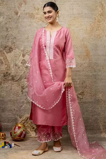 Silk blend pink party wear embroidery work kurta set