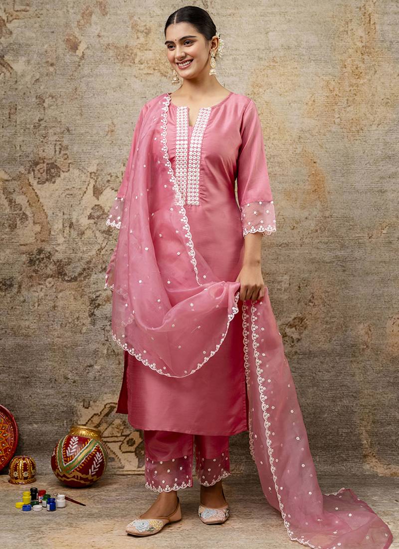 Silk blend pink party wear embroidery work kurta set