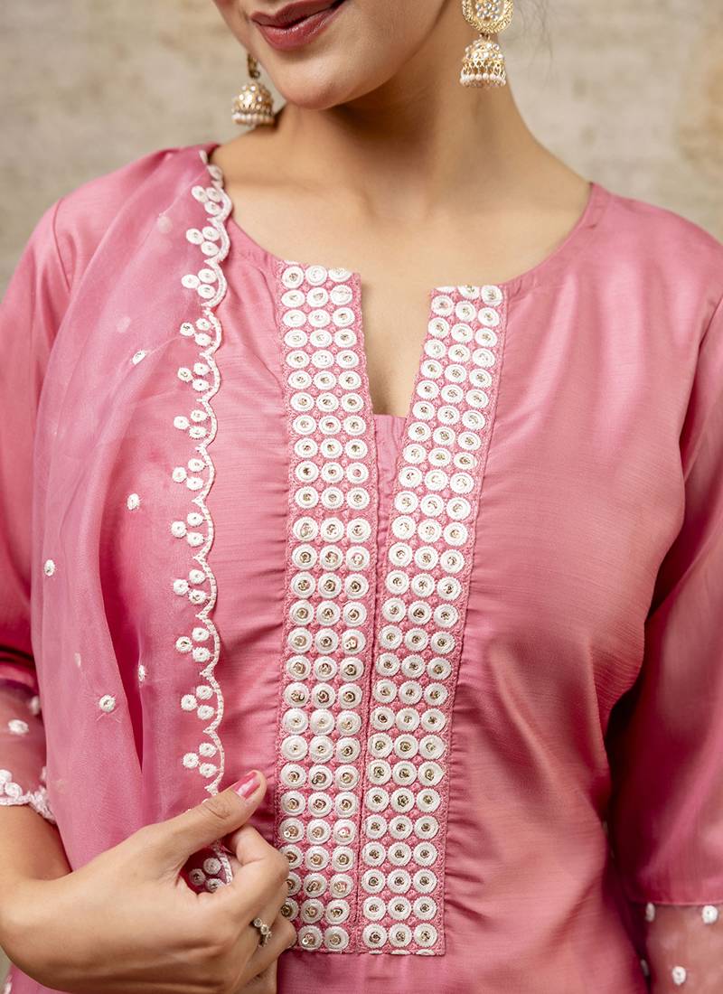 Silk blend pink party wear embroidery work kurta set