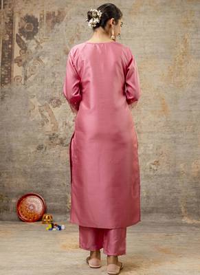 Silk blend pink party wear embroidery work kurta set 3