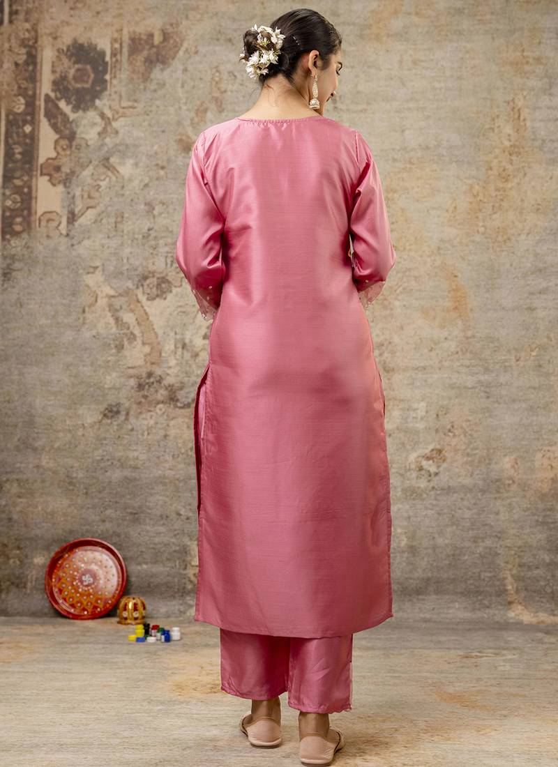 Silk blend pink party wear embroidery work kurta set