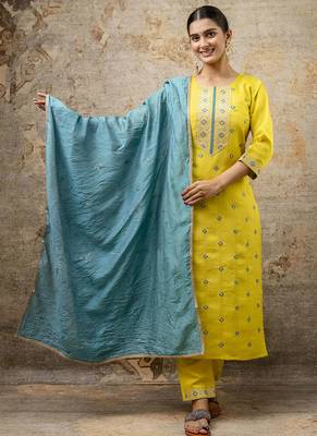 Silk blend yellow party wear embroidery work kurta set 1