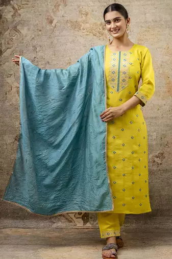 Silk blend yellow party wear embroidery work kurta set