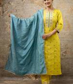 Silk blend yellow party wear embroidery work kurta set