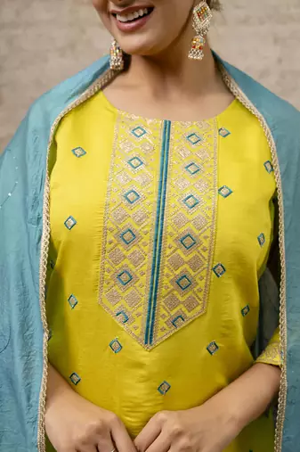 Silk blend yellow party wear embroidery work kurta set