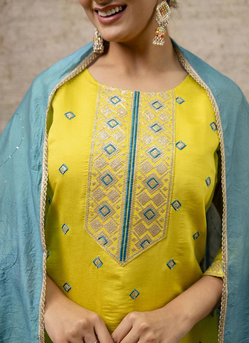 Silk blend yellow party wear embroidery work kurta set
