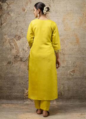 Silk blend yellow party wear embroidery work kurta set 3