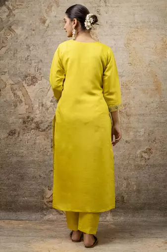 Silk blend yellow party wear embroidery work kurta set