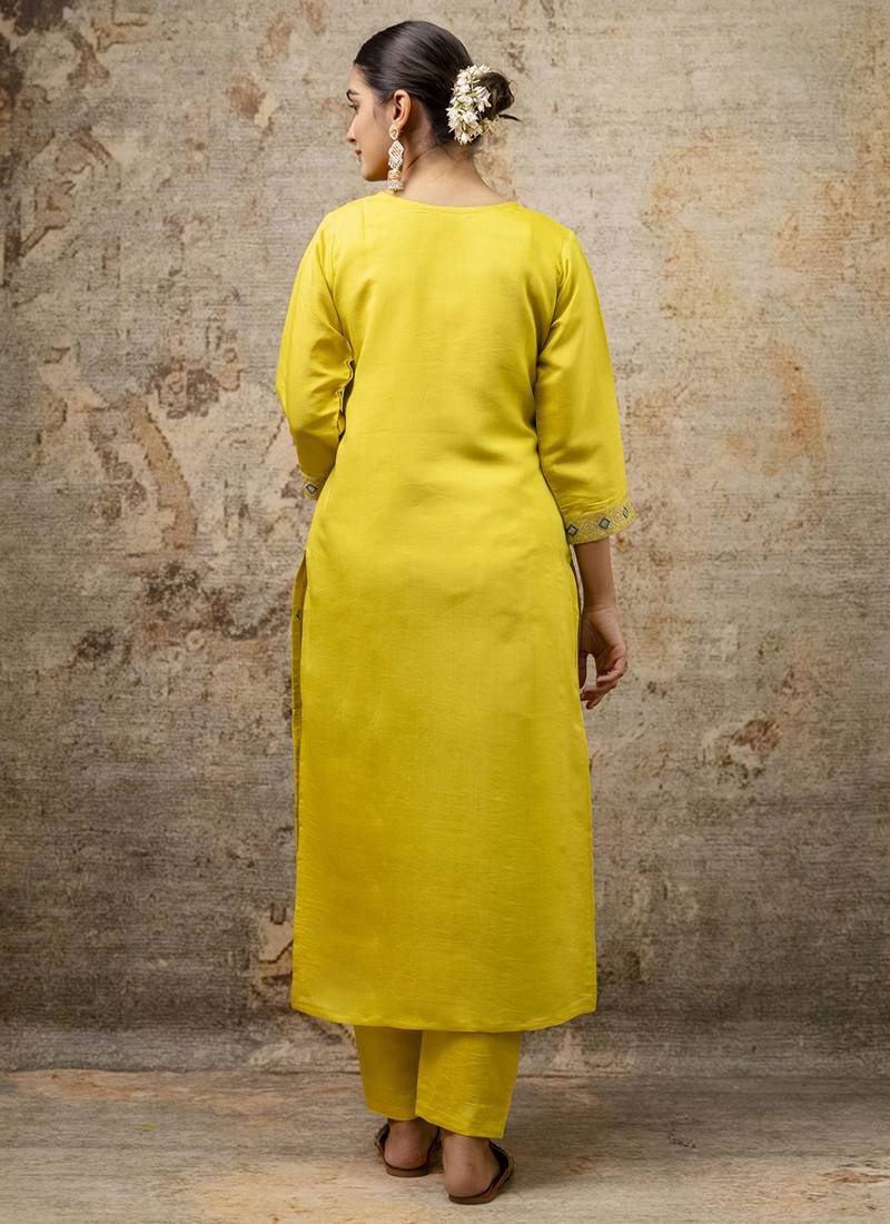 Silk blend yellow party wear embroidery work kurta set