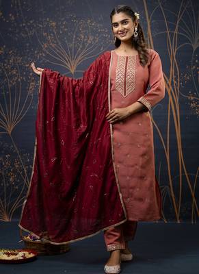 Silk blend peach party wear embroidery work kurta set 1