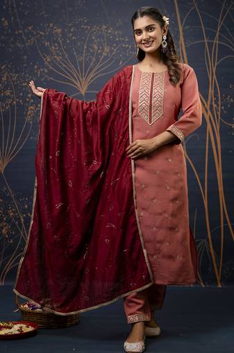 Silk blend peach party wear embroidery work kurta set