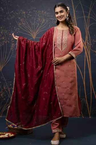 Silk blend peach party wear embroidery work kurta set