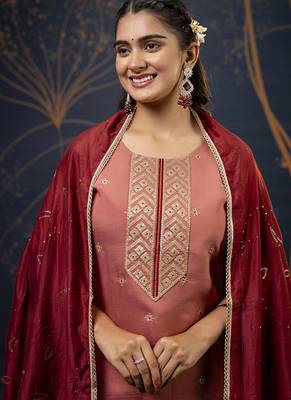 Silk blend peach party wear embroidery work kurta set 2
