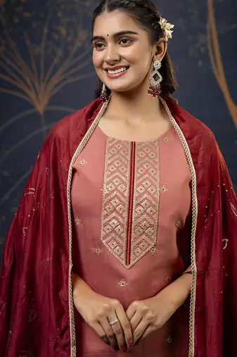 Silk blend peach party wear embroidery work kurta set