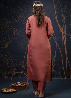 Silk blend peach party wear embroidery work kurta set 3