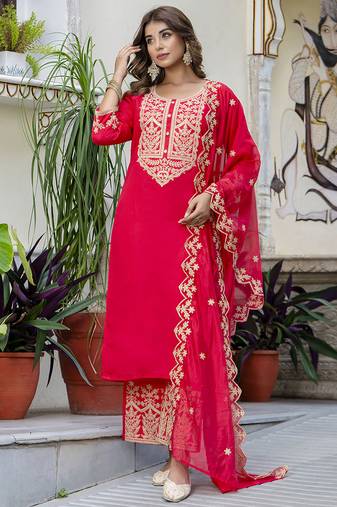Silk blend pink party wear embroidery work kurta set