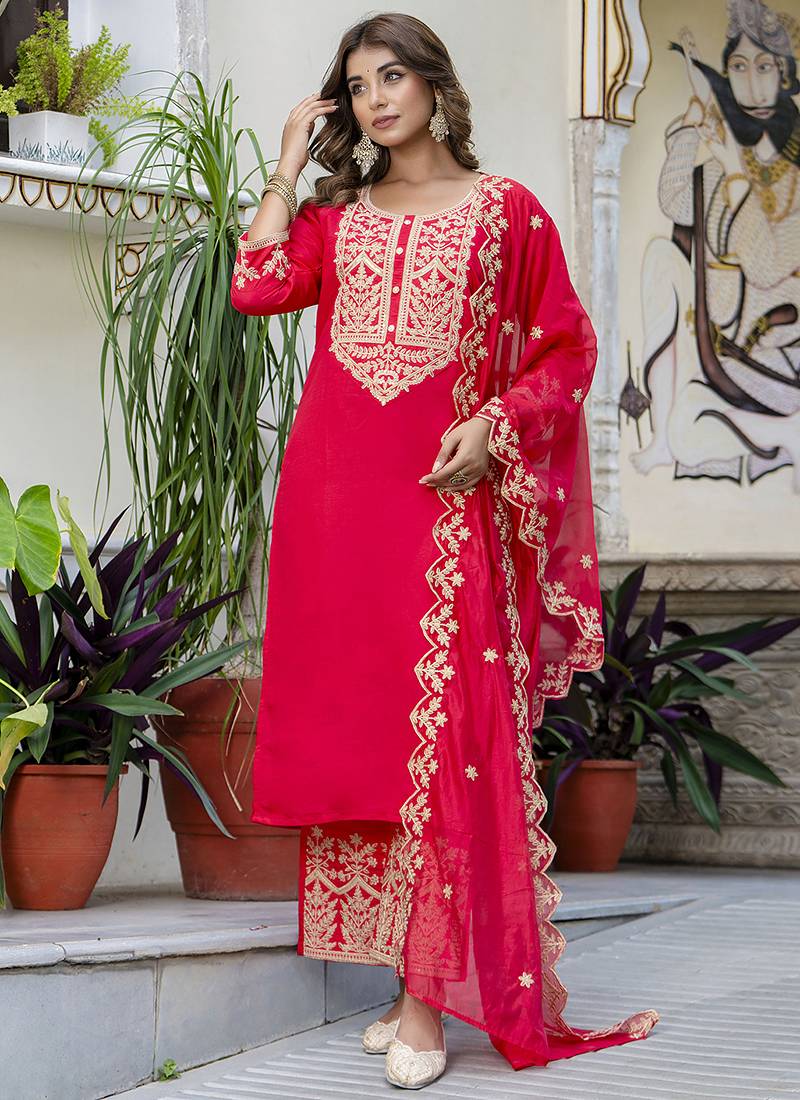 Silk blend pink party wear embroidery work kurta set