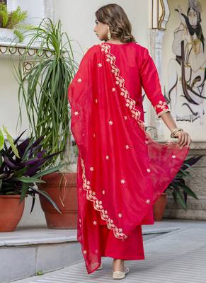 Silk blend pink party wear embroidery work kurta set 3
