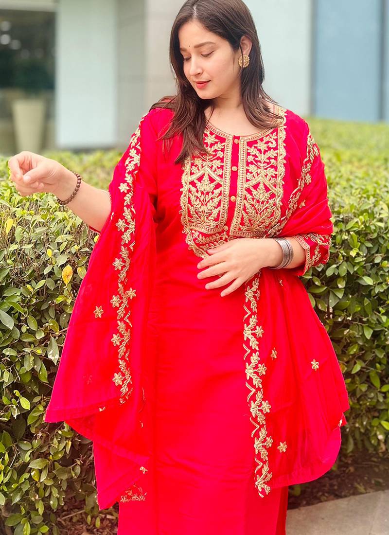 Silk blend pink party wear embroidery work kurta set