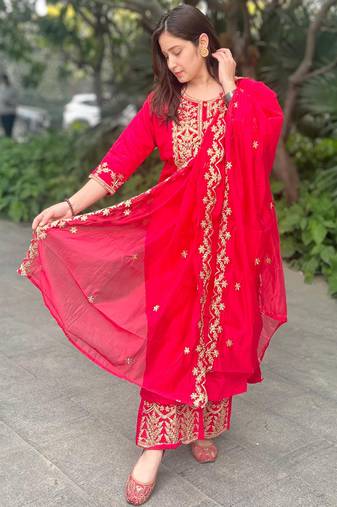 Silk blend pink party wear embroidery work kurta set