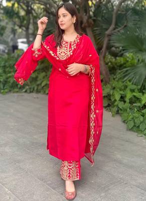 Silk blend pink party wear embroidery work kurta set 3