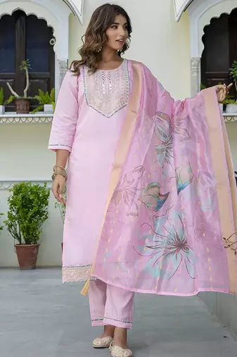 Silk blend baby pink party wear embroidery work kurta set