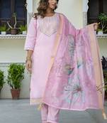 Silk blend baby pink party wear embroidery work kurta set
