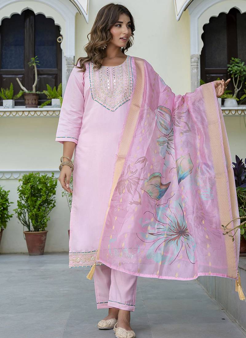 Silk blend baby pink party wear embroidery work kurta set