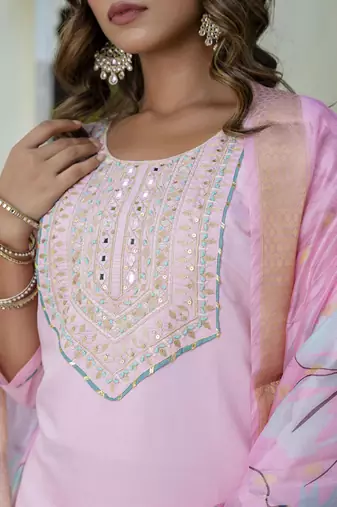 Silk blend baby pink party wear embroidery work kurta set