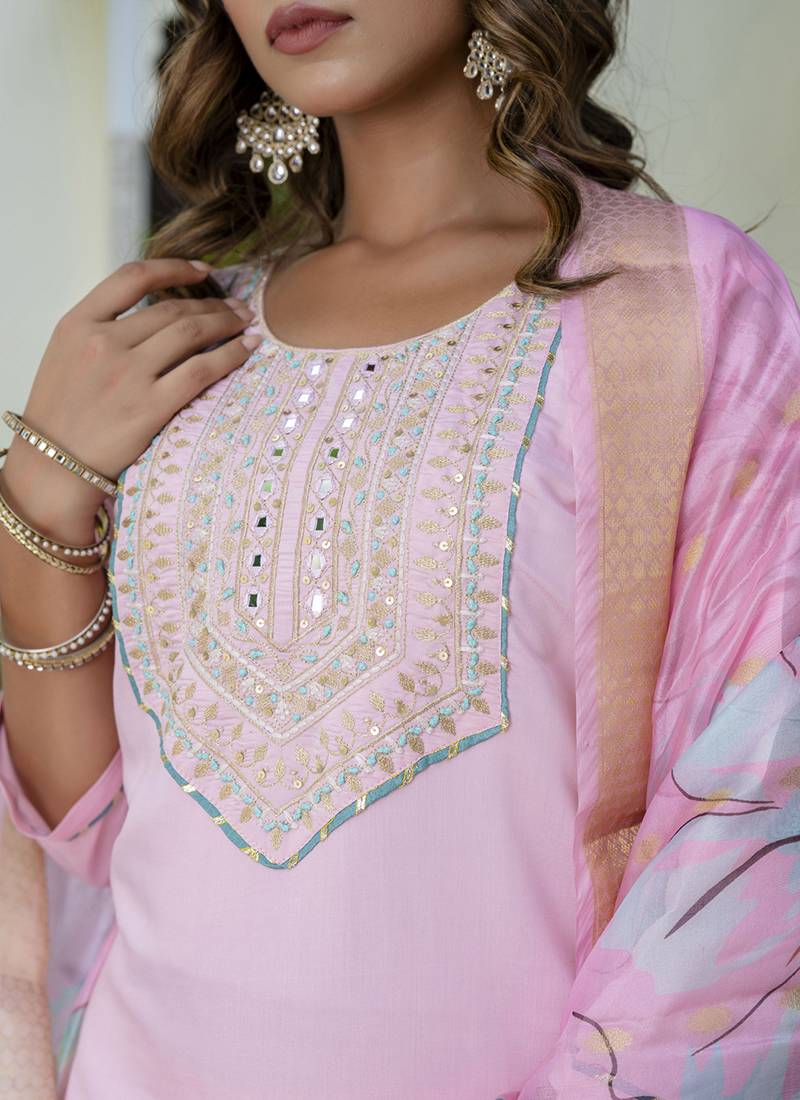 Silk blend baby pink party wear embroidery work kurta set
