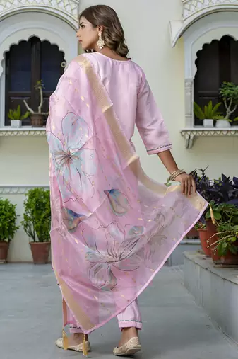 Silk blend baby pink party wear embroidery work kurta set