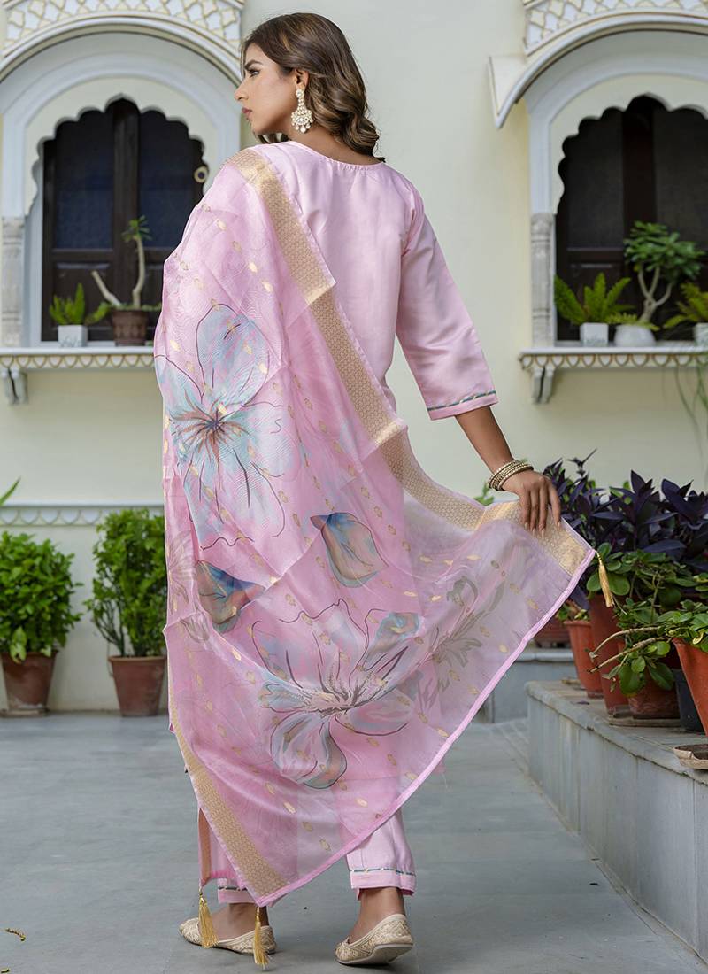 Silk blend baby pink party wear embroidery work kurta set