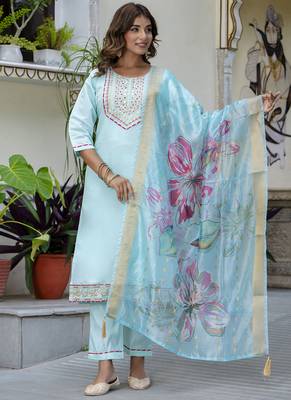 Silk blend sky blue party wear embroidery work kurta set 1