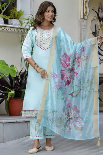 Silk blend sky blue party wear embroidery work kurta set