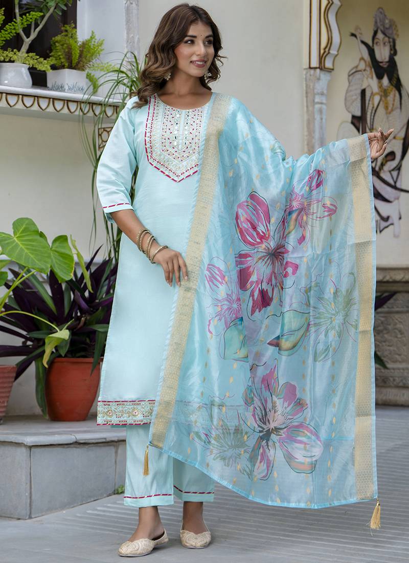 Silk blend sky blue party wear embroidery work kurta set