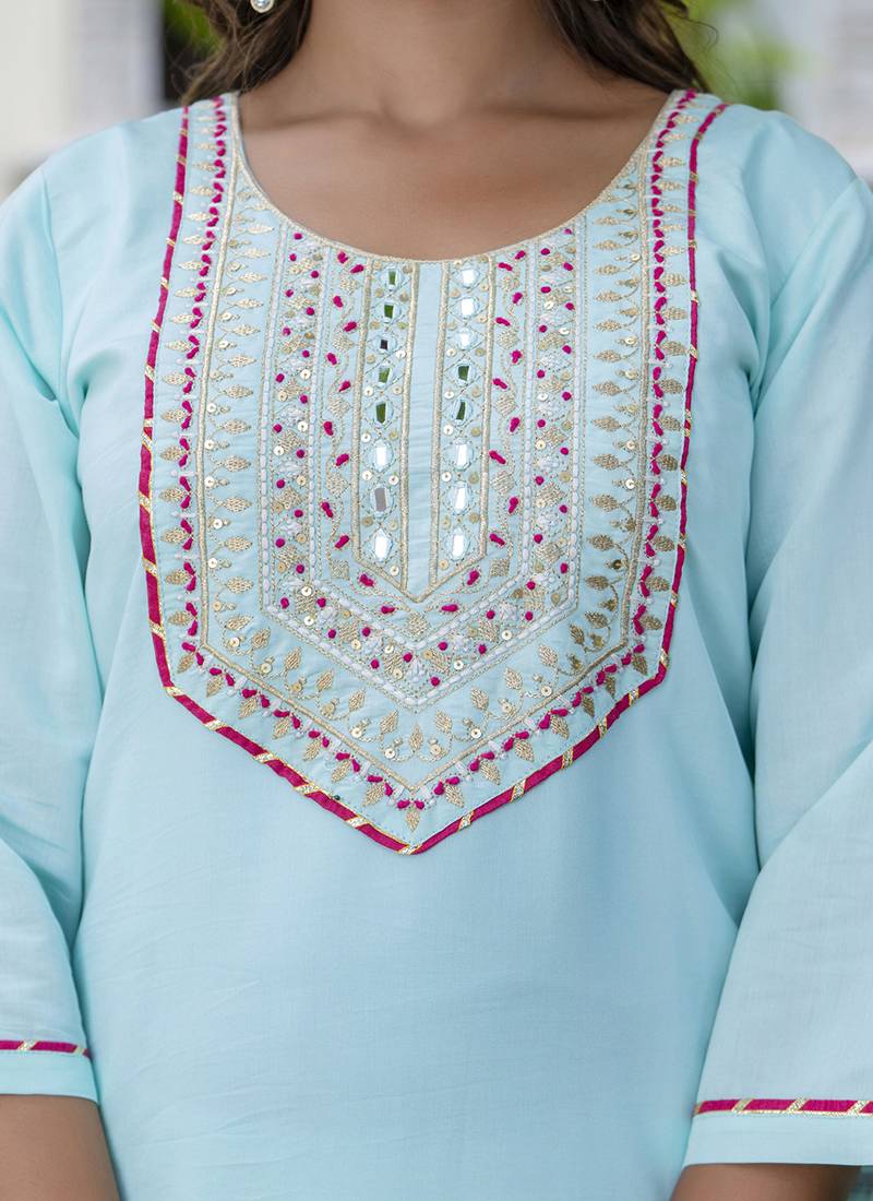 Silk blend sky blue party wear embroidery work kurta set