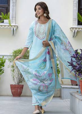 Silk blend sky blue party wear embroidery work kurta set 3