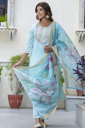 Silk blend sky blue party wear embroidery work kurta set