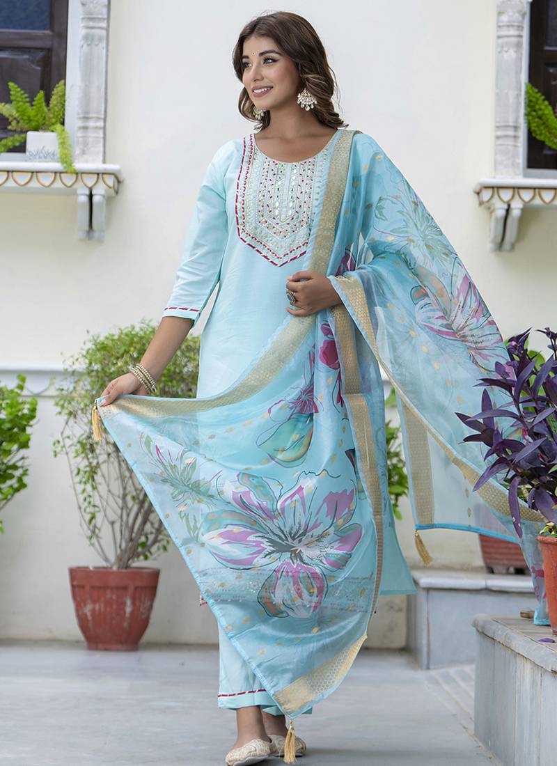 Silk blend sky blue party wear embroidery work kurta set