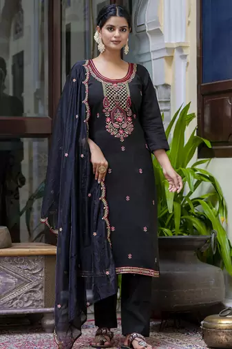Silk blend black party wear embroidery work kurta set