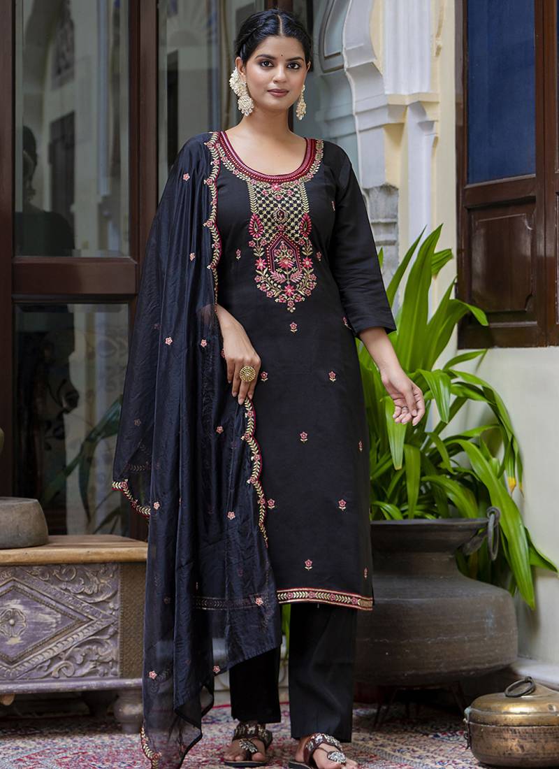 Silk blend black party wear embroidery work kurta set
