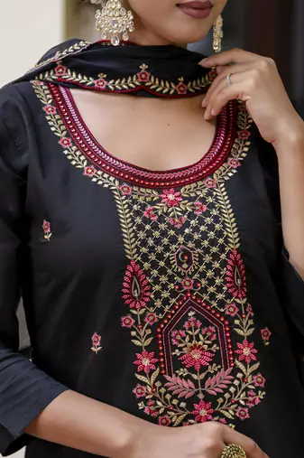 Silk blend black party wear embroidery work kurta set