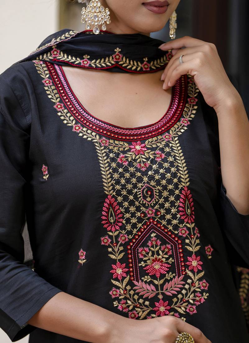 Silk blend black party wear embroidery work kurta set