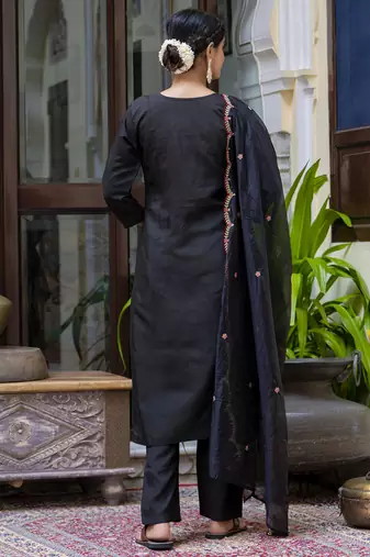 Silk blend black party wear embroidery work kurta set