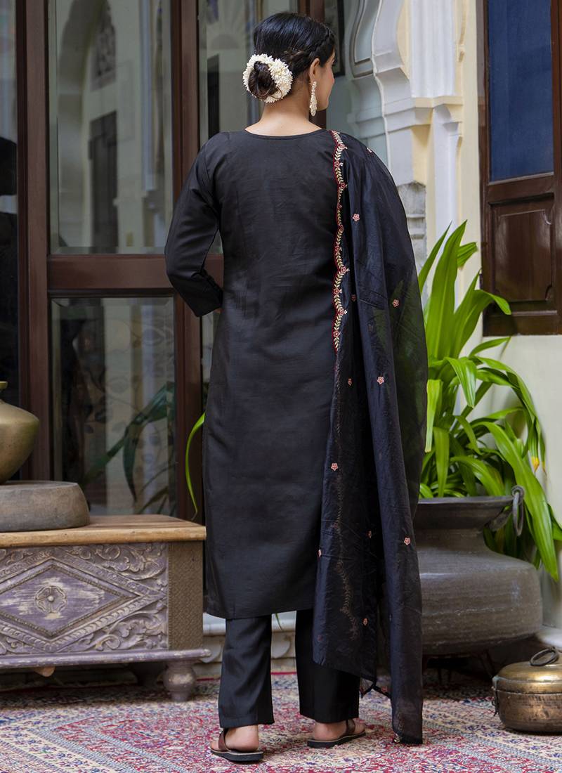 Silk blend black party wear embroidery work kurta set