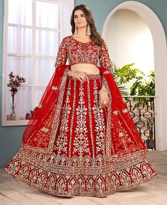 Red Sequins & Codding Work Lehenga Choli with Dupatta 1