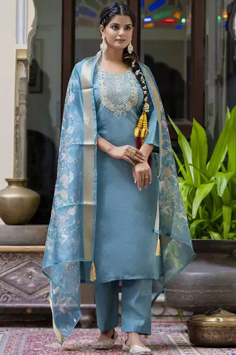 Silk blend blue party wear embroidery work kurta set
