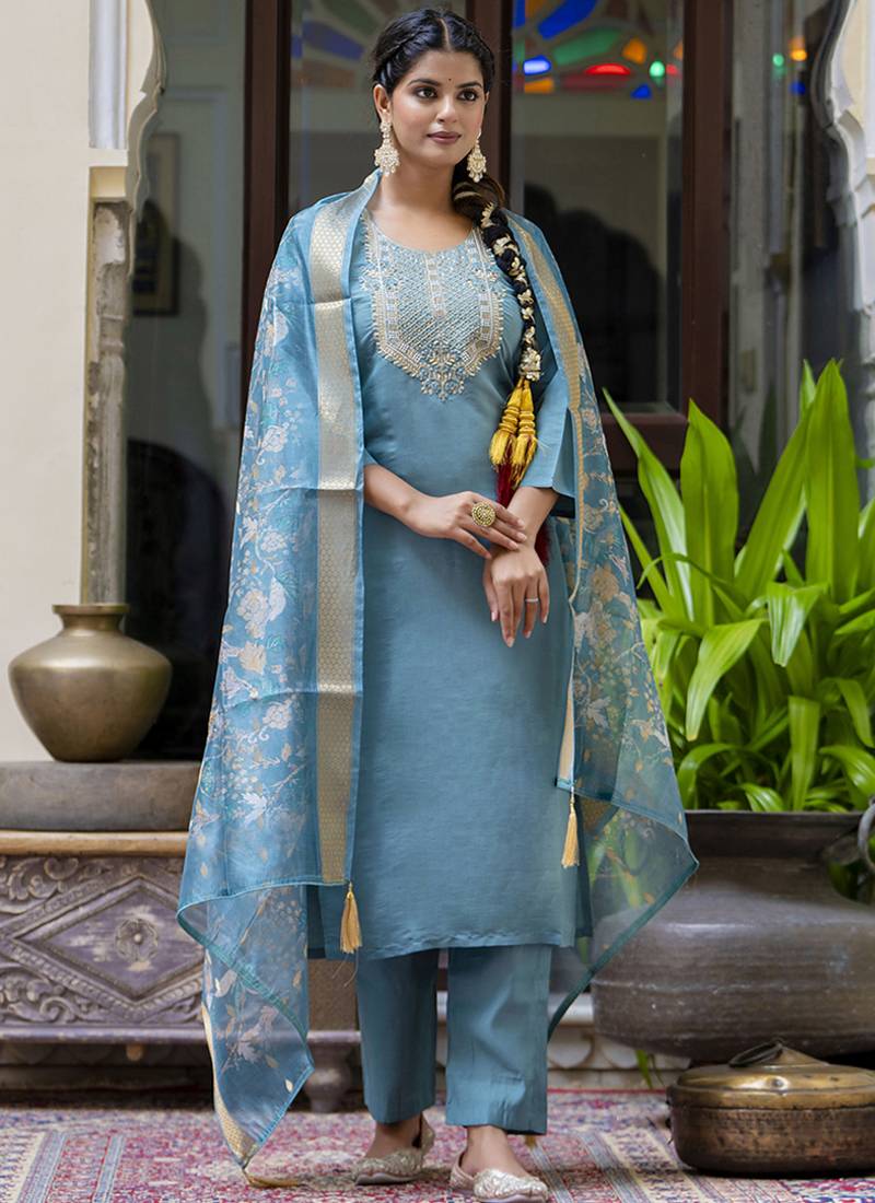 Silk blend blue party wear embroidery work kurta set
